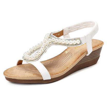 Frauen Perle Strass Elastic Wedges Sandalen