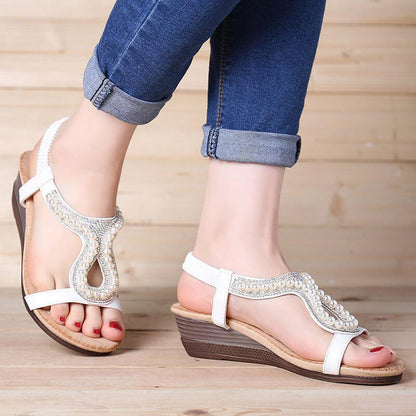 Frauen Perle Strass Elastic Wedges Sandalen