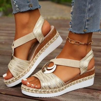 Damen Metallschnalle Hanfseil Keilabsatz Strandsandalen Peep-Toe-Schuhe
