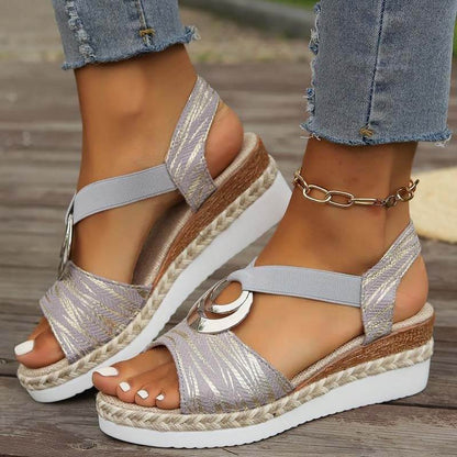 Damen Metallschnalle Hanfseil Keilabsatz Strandsandalen Peep-Toe-Schuhe