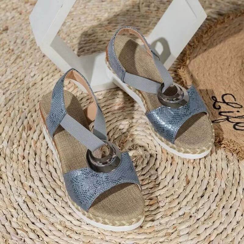 Damen Metallschnalle Hanfseil Keilabsatz Strandsandalen Peep-Toe-Schuhe