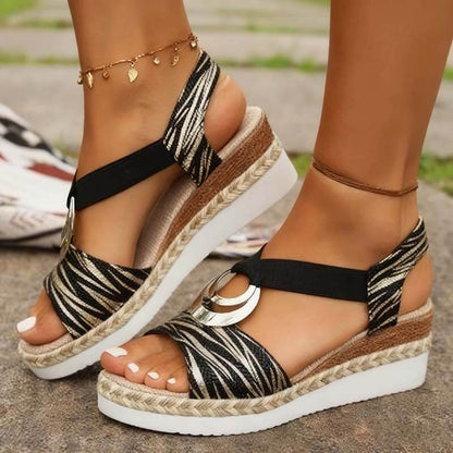 Damen Metallschnalle Hanfseil Keilabsatz Strandsandalen Peep-Toe-Schuhe