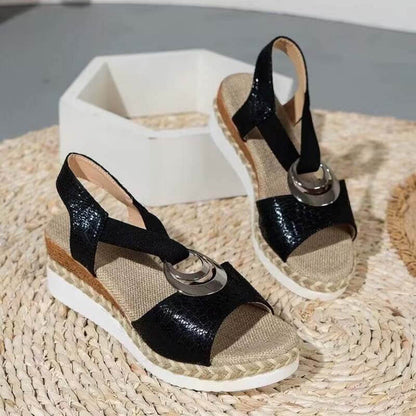 Damen Metallschnalle Hanfseil Keilabsatz Strandsandalen Peep-Toe-Schuhe
