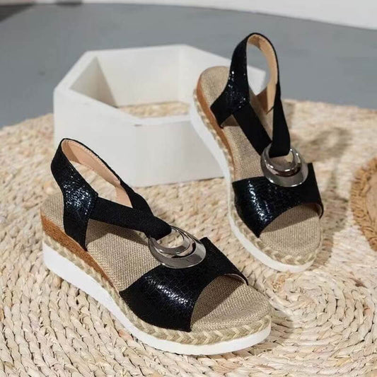 Damen Metallschnalle Hanfseil Keilabsatz Strandsandalen Peep-Toe-Schuhe