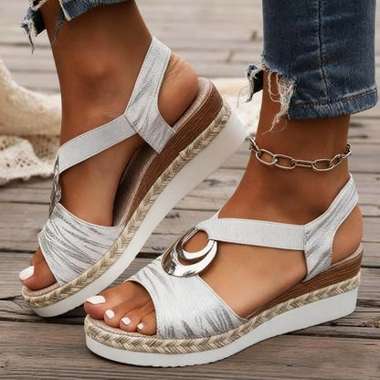 Damen Metallschnalle Hanfseil Keilabsatz Strandsandalen Peep-Toe-Schuhe