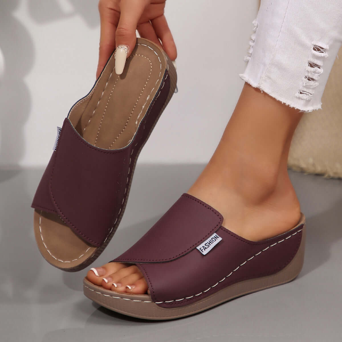Damen Sandalen mit Keilabsatz und einem Riemen, Sommer, Strand, Outdoor, Peep-Toe-Schuhe