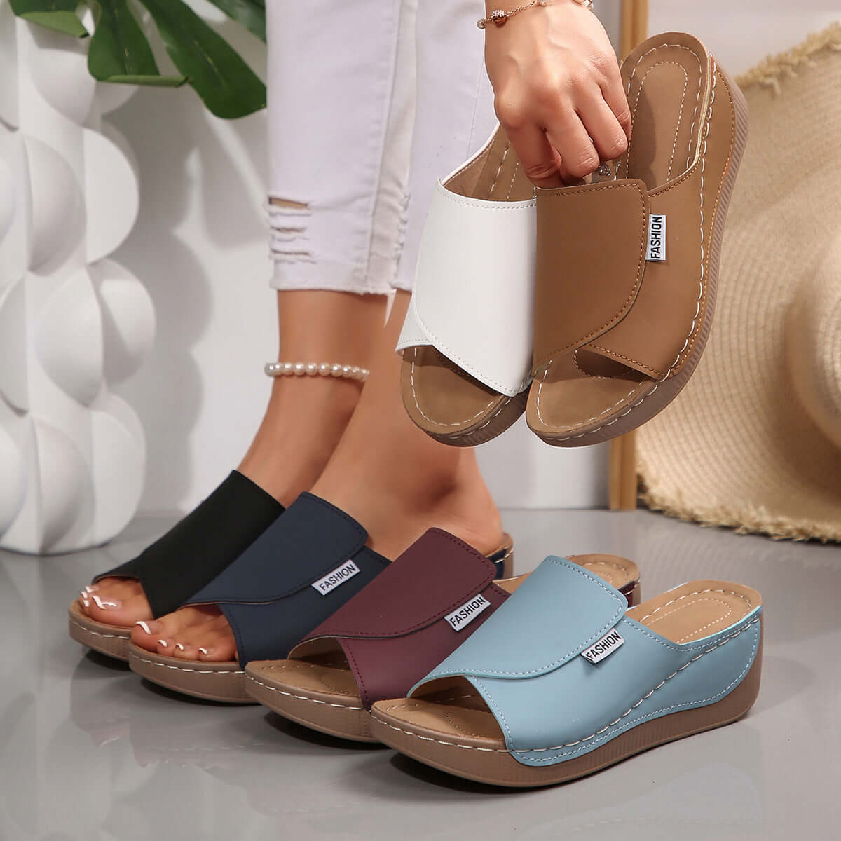 Damen Sandalen mit Keilabsatz und einem Riemen, Sommer, Strand, Outdoor, Peep-Toe-Schuhe