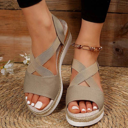 Damen Sommer Gummiband Keilabsatz Dicker Boden Sandalen Peep-Toe Schuhe