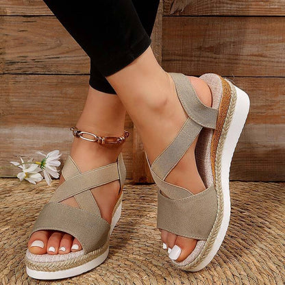 Damen Sommer Gummiband Keilabsatz Dicker Boden Sandalen Peep-Toe Schuhe