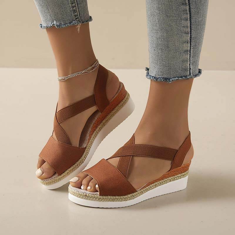 Damen Sommer Gummiband Keilabsatz Dicker Boden Sandalen Peep-Toe Schuhe