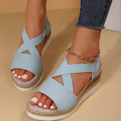 Damen Sommer Gummiband Keilabsatz Dicker Boden Sandalen Peep-Toe Schuhe