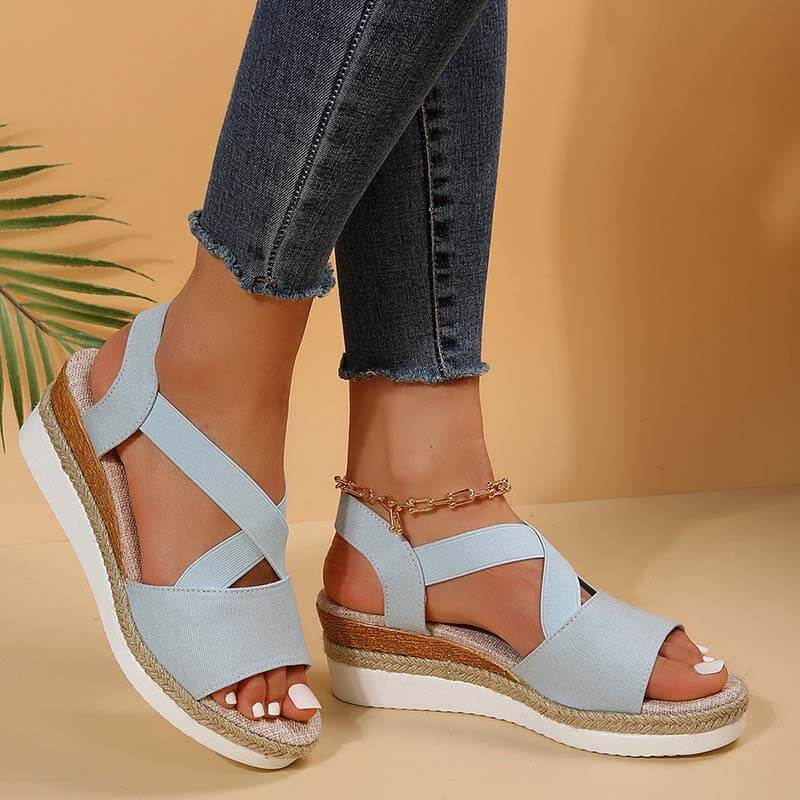 Damen Sommer Gummiband Keilabsatz Dicker Boden Sandalen Peep-Toe Schuhe