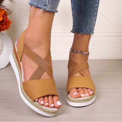 Damen Sommer Gummiband Keilabsatz Dicker Boden Sandalen Peep-Toe Schuhe