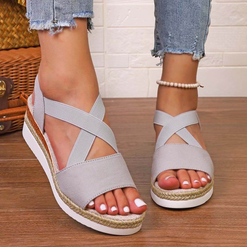 Damen Sommer Gummiband Keilabsatz Dicker Boden Sandalen Peep-Toe Schuhe