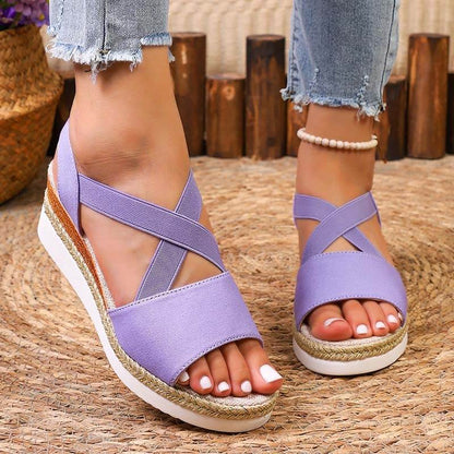Damen Sommer Gummiband Keilabsatz Dicker Boden Sandalen Peep-Toe Schuhe