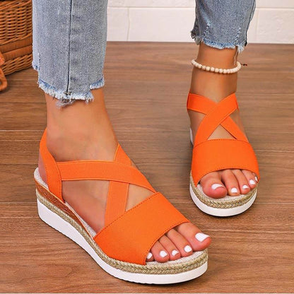 Damen Sommer Gummiband Keilabsatz Dicker Boden Sandalen Peep-Toe Schuhe
