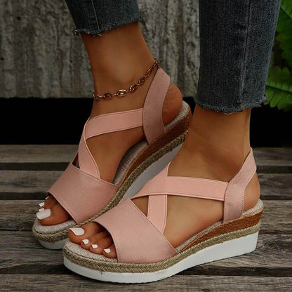 Damen Sommer Gummiband Keilabsatz Dicker Boden Sandalen Peep-Toe Schuhe