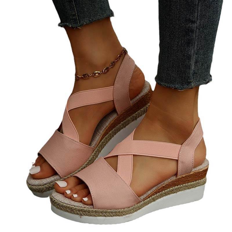 Damen Sommer Gummiband Keilabsatz Dicker Boden Sandalen Peep-Toe Schuhe