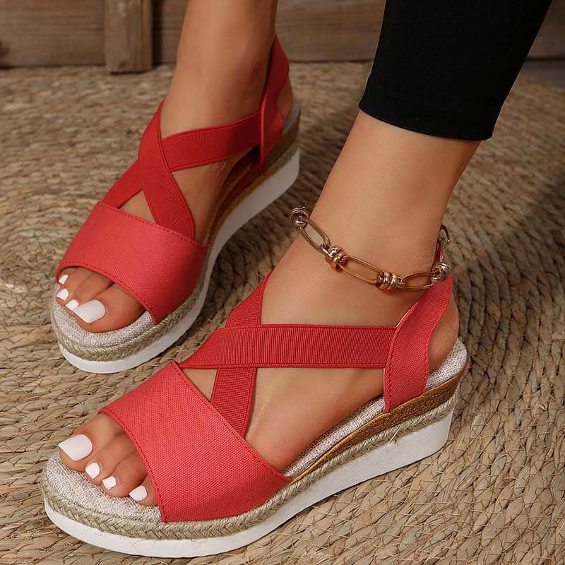 Damen Sommer Gummiband Keilabsatz Dicker Boden Sandalen Peep-Toe Schuhe