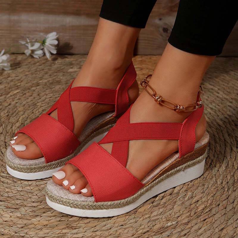 Damen Sommer Gummiband Keilabsatz Dicker Boden Sandalen Peep-Toe Schuhe