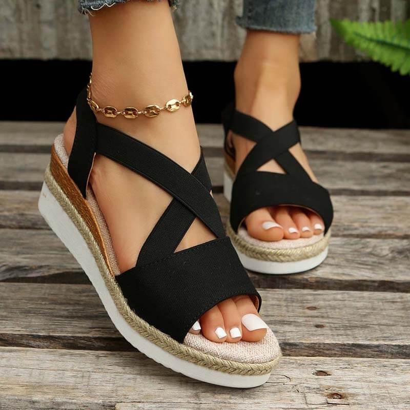 Damen Sommer Gummiband Keilabsatz Dicker Boden Sandalen Peep-Toe Schuhe