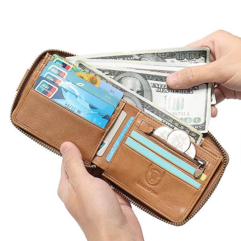 Männer RFID Antimagnetic Solid Cowhide 11 Kartenfächer Coin Bag Zipper Wallet