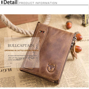 Men bullcaptain retro leather wallet leather zipper buckle short wallet card holder wallet RFID wallet QB06