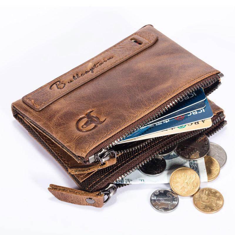 Men bullcaptain retro leather wallet leather zipper buckle short wallet card holder wallet RFID wallet QB06