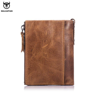 Men bullcaptain retro leather wallet leather zipper buckle short wallet card holder wallet RFID wallet QB06
