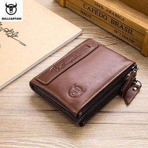 Men bullcaptain retro leather wallet leather zipper buckle short wallet card holder wallet RFID wallet QB06