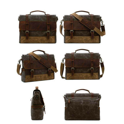 Herren-Umhängetasche aus Ölwachs-Canvas aus Leder mit Crazy Horse-Umhängetasche aus Leder mit Computer-Aktentasche und Retro-Umhängetasche