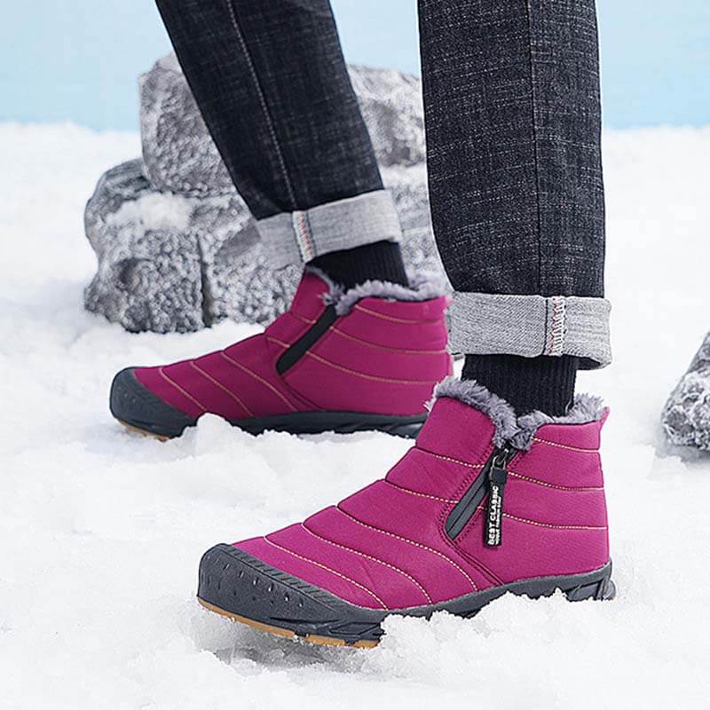 Warm gefütterte Schneestiefel, Reißverschluss, kurzer Schaft, flache, bequeme Outdoor-Stiefel, rutschfest und wasserdicht, Winter-Barfußschuhe (Unisex)
