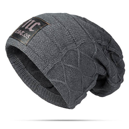 Herren Winter Plus Samt Warme Strickmütze Lässig NC Letter Solid Skullies Beanie Hat