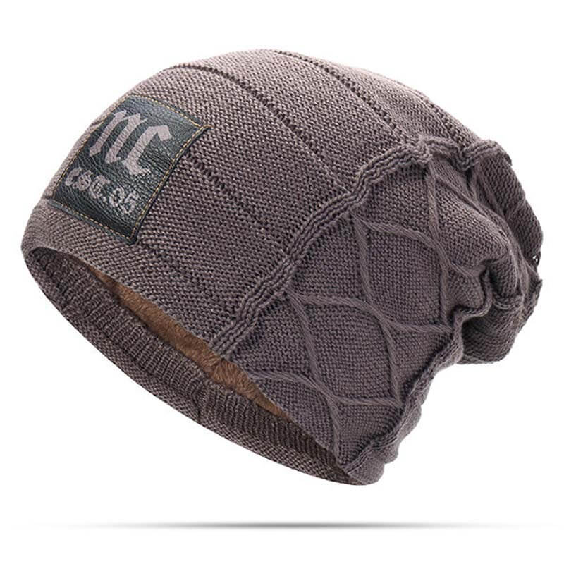 Herren Winter Plus Samt Warme Strickmütze Lässig NC Letter Solid Skullies Beanie Hat