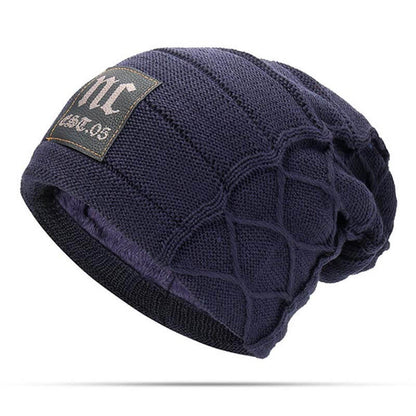 Herren Winter Plus Samt Warme Strickmütze Lässig NC Letter Solid Skullies Beanie Hat
