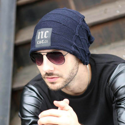 Herren Winter Plus Samt Warme Strickmütze Lässig NC Letter Solid Skullies Beanie Hat