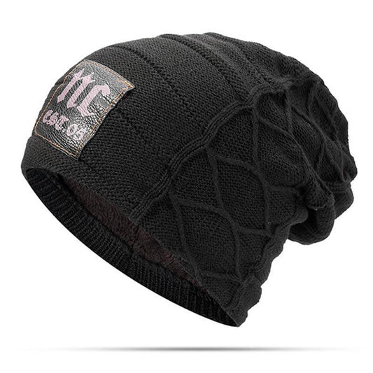Herren Winter Plus Samt Warme Strickmütze Lässig NC Letter Solid Skullies Beanie Hat