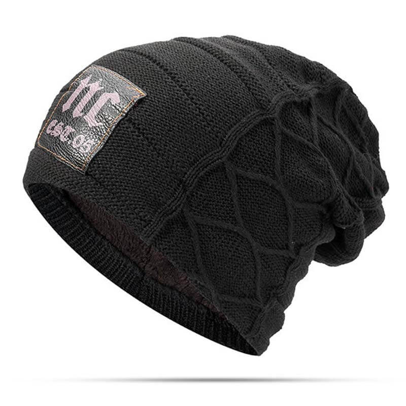 Herren Winter Plus Samt Warme Strickmütze Lässig NC Letter Solid Skullies Beanie Hat