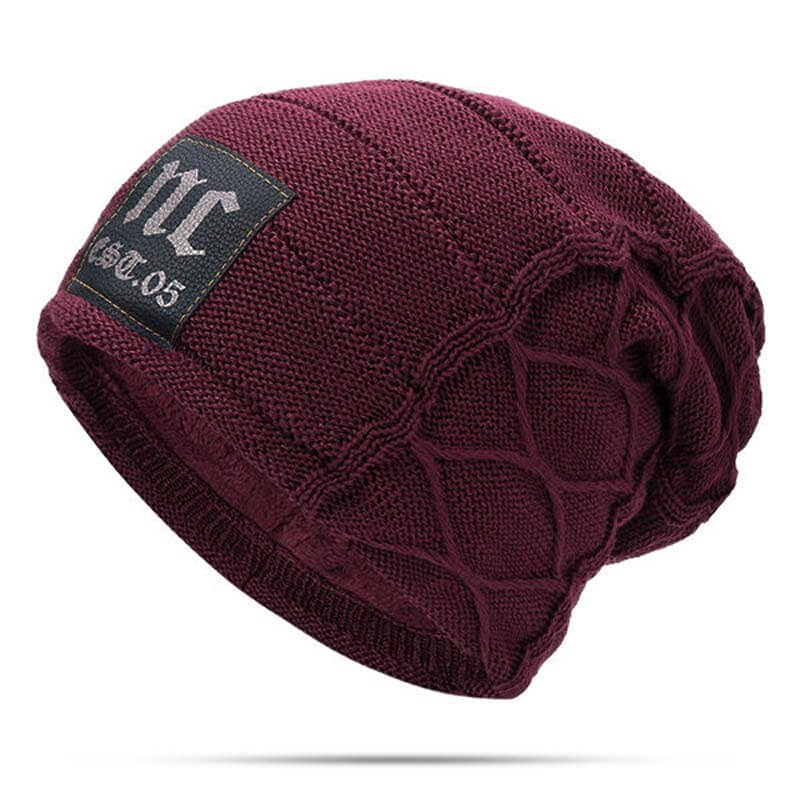 Herren Winter Plus Samt Warme Strickmütze Lässig NC Letter Solid Skullies Beanie Hat