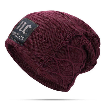 Herren Winter Plus Samt Warme Strickmütze Lässig NC Letter Solid Skullies Beanie Hat