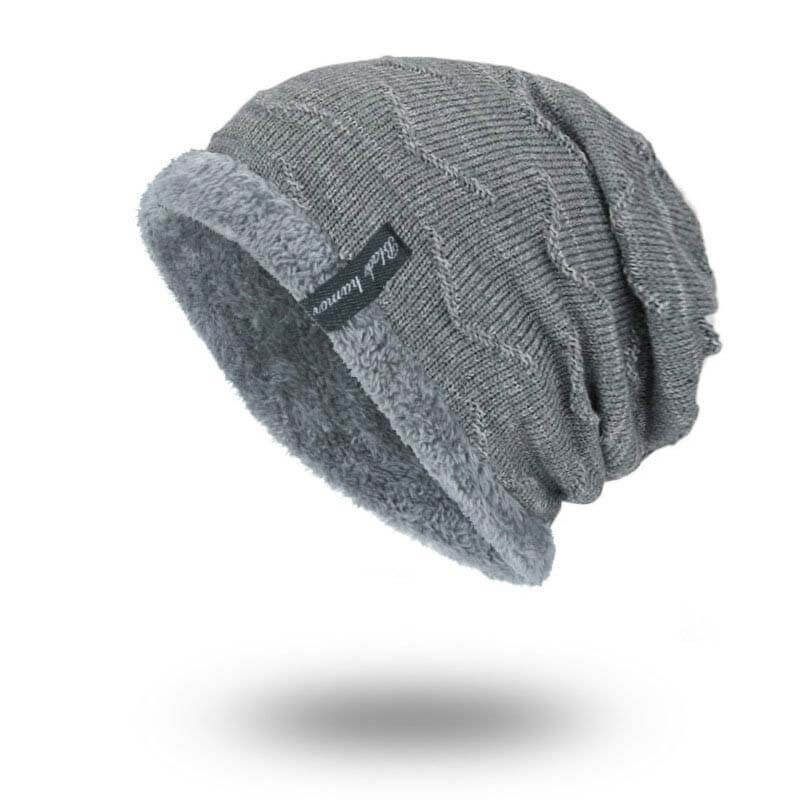 Herren Solid Color Stripe Knit Plus Velvet Fashion Beanie Hüte für Männer Outdoor Halten Sie warme Mützen