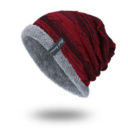 Herren Solid Color Stripe Knit Plus Velvet Fashion Beanie Hüte für Männer Outdoor Halten Sie warme Mützen