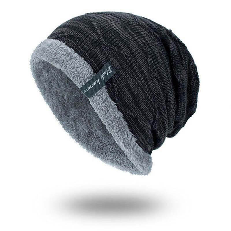 Herren Solid Color Stripe Knit Plus Velvet Fashion Beanie Hüte für Männer Outdoor Halten Sie warme Mützen